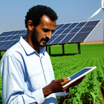 **Prompt:** "An Eritrean farmer in a fully clothed, modest outfit, using a tablet to monitor crop health in a lush, green field. Background: Wind turbines and solar panels. Perfect anatomy, correct proportions, natural pose, professional, appropriate content, safe for work."