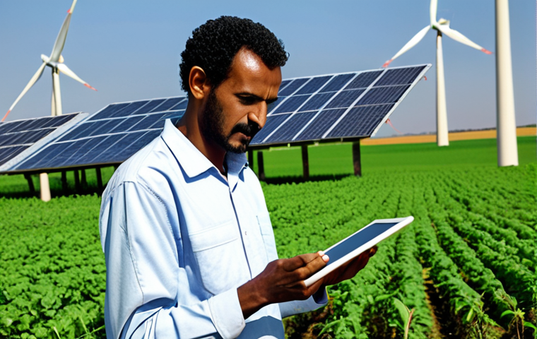 **Prompt:** "An Eritrean farmer in a fully clothed, modest outfit, using a tablet to monitor crop health in a lush, green field. Background: Wind turbines and solar panels. Perfect anatomy, correct proportions, natural pose, professional, appropriate content, safe for work."