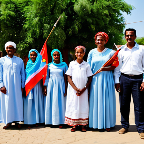 "A fully clothed Eritrean family celebrating Independence Day in a village square, modest attire, appropriate content, safe for work, perfect anatomy, natural proportions, traditional Eritrean clothing, flags waving, daytime scene, family-friendly, professional photography."