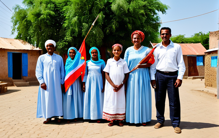 "A fully clothed Eritrean family celebrating Independence Day in a village square, modest attire, appropriate content, safe for work, perfect anatomy, natural proportions, traditional Eritrean clothing, flags waving, daytime scene, family-friendly, professional photography."