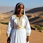 **Image Prompt:** Eritrean Tigrinya woman in a modest, beautifully embroidered white traditional gown, adorned with gold jewelry, posing in a sunlit, arid landscape. Perfect anatomy, correct proportions, well-formed hands, natural body proportions, fully clothed, appropriate content, professional, safe for work, family-friendly.